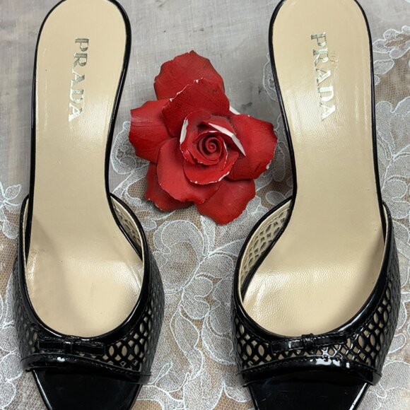 PRADA-Women-Black Patent leather cut out-heel Sandals.SZ-5.5 - Picture 2 of 15